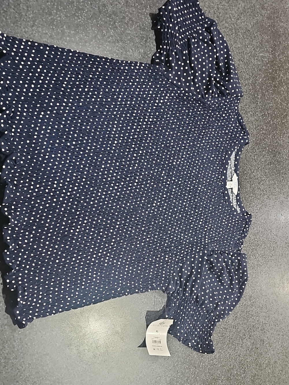 Time and Tru Navy and White Polka Dot Smocked Puff Sleeve Top